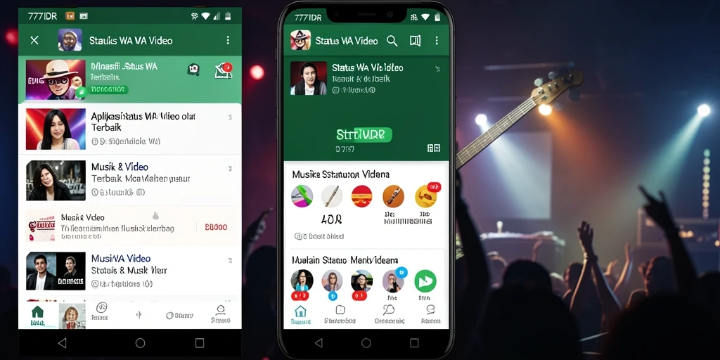 Screenshot antarmuka aplikasi 777IDR menampilkan pilihan video Status WA yang beragam.