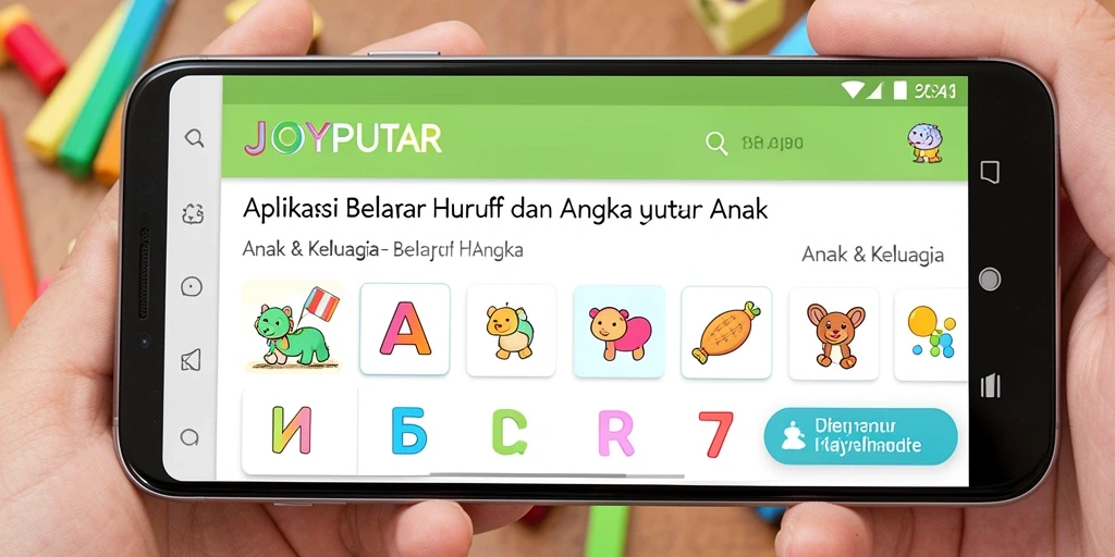 Tampilan antarmuka aplikasi JOYPUTAR yang menarik untuk belajar huruf dan angka.