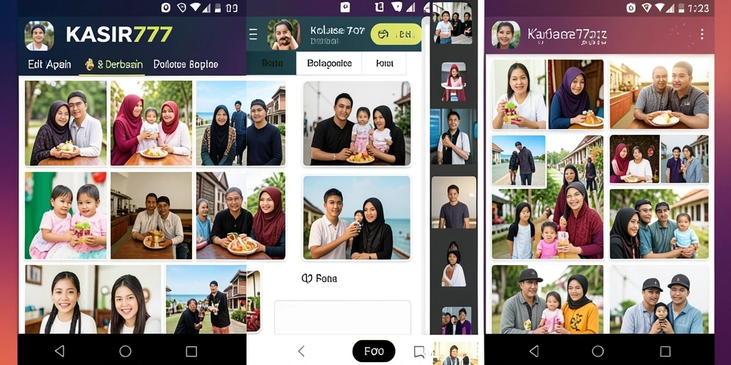 Antarmuka aplikasi KASIR777 dengan template kolase yang beragam.